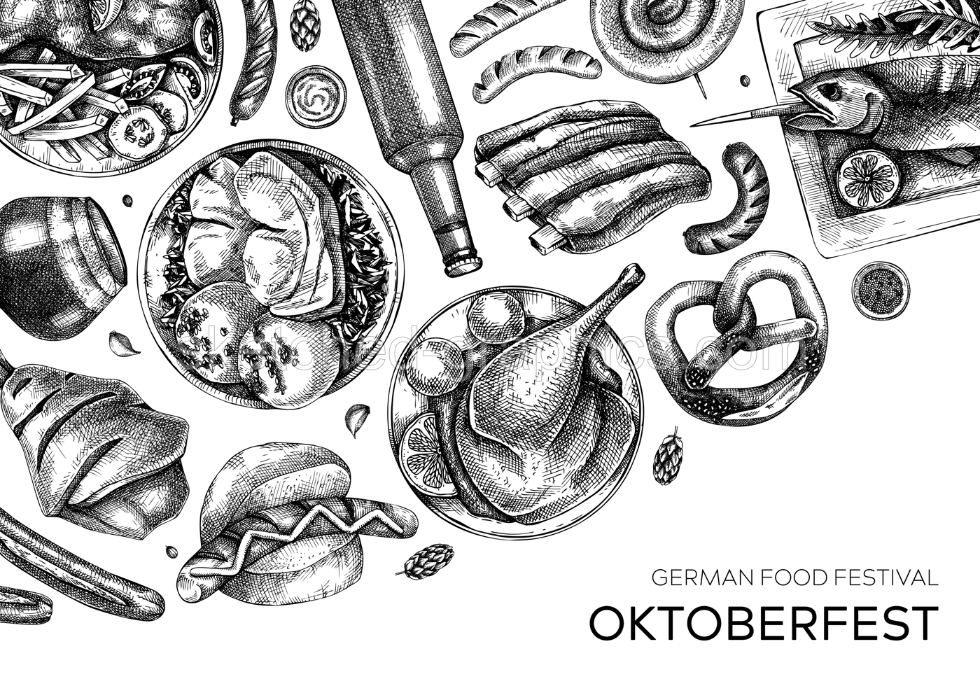 German food background. Oktoberfest menu design. Vector meat dishes sketches. German cuisine banner in vintage style. Traditional Food festival illustration. Black and white restaurant template Illustration